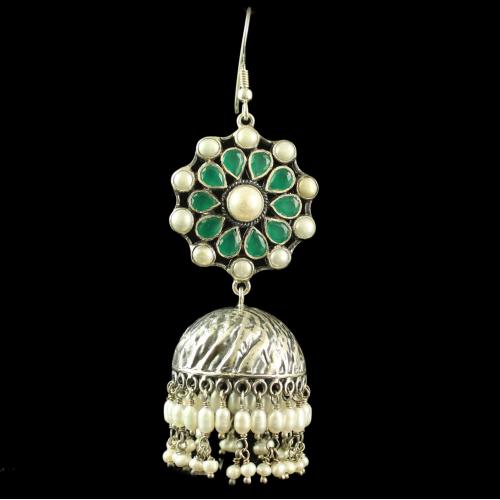 Silver Plated Fancy Design Earrings With Green  Pear Stone 4mm Pearl Cab 4mm Rice Pearl Big Pearl Round 2.5 Pearl Cab 6mm