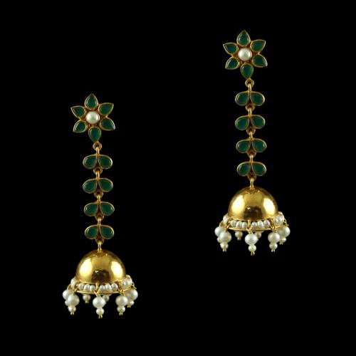 silver Gold Plated Leaf design Earring Jhumka studded Green onyx Stones And Pearls