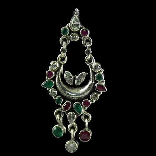 Silver Plated Fancy Design Earrings Red Onyx Green Onyx Zircon Stones