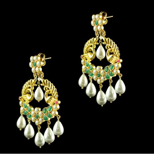 Silver Gold Plated Peacock Design  Earring Drops Studded Green,Red Onyx With Pearls