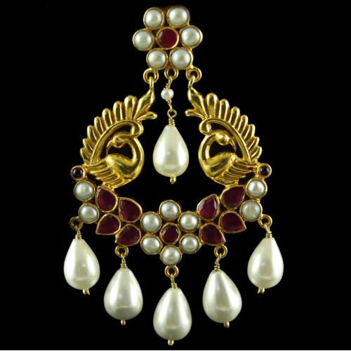 Silver Gold Plated Peacock Design  Earring Drops Studded White,Red Onyx With Pearls