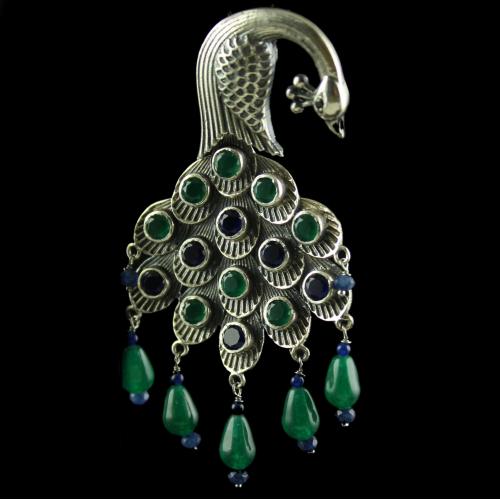 Silver Fancy Peacock Design  Green and Blue Onyx Studded Earring With Green Pearls