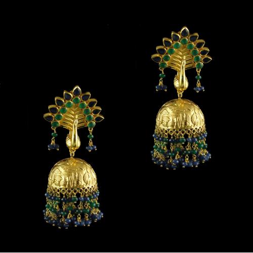 Silver Gold Plated Green Onyx Blue Onyx Peacock Design Jhumki Earrings