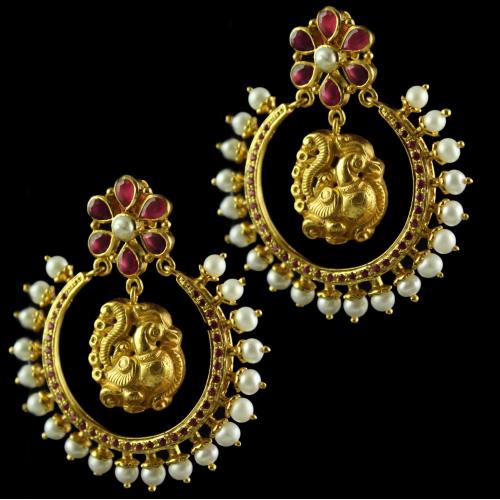 Silver Gold Plated Floral Design Earring Drops Studded Red Onyx And Pearls