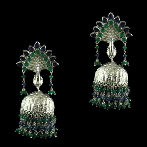 Silver Green Onyx Blue Onyx With Pearl Peacock Design Jhumki Earrings