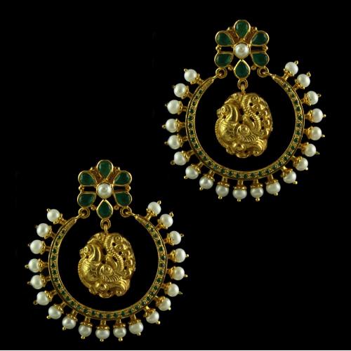 Silver Gold Plated Floral Design Earring Drops Studded Green Onyx And Pearls