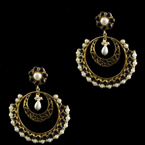 Silver Gold Plated Blue Onyx With Pearl  Round Design Earring