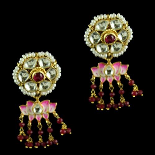 Silver Gold Plated Floral Design Earrings Studded Kundan Stones And Pearls