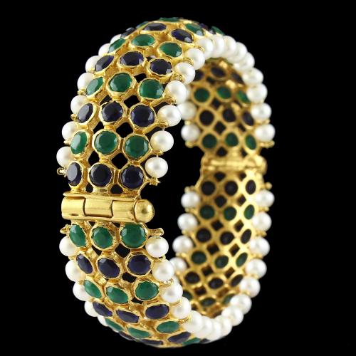 Silver Gold Plated  Bangle Green Onyx And Pearls
