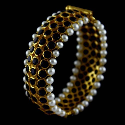 Silver Gold Plated  Bangle With Blue Onyx And Pearl