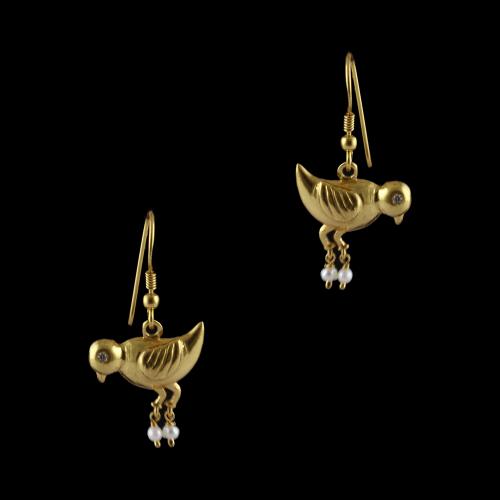 Silver Gold Plated Bird With Pearl Beads Design Earrings