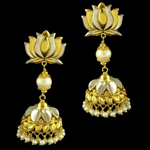 Silver Gold Plated Floral Design Earring Jhumka Studded Pearl And Pearl Beats