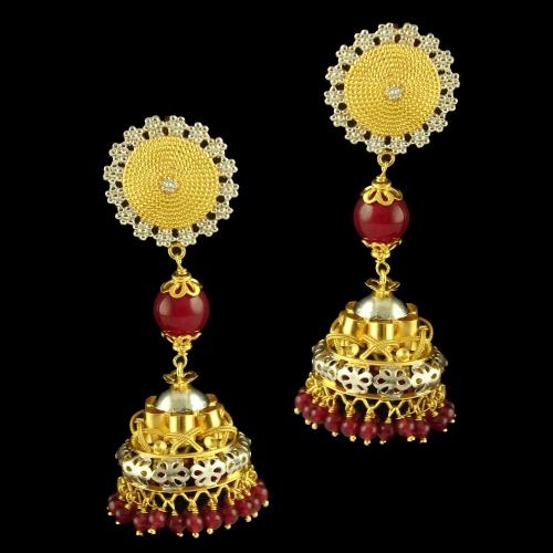 Silver Gold Plated Floral Design Earring Jhumka Studded Pearl And Pearl Beats