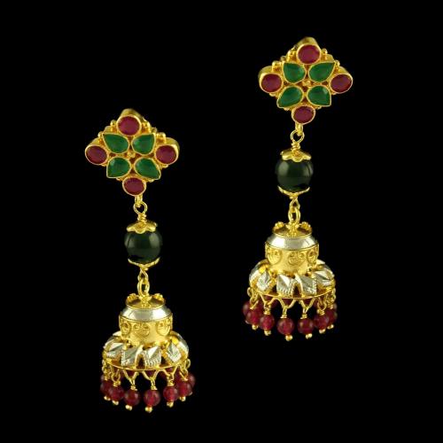 Silver Gold Plated Fancy Design Earring Jhumka Studded Red Onyx,Green Ounx And Red Beats