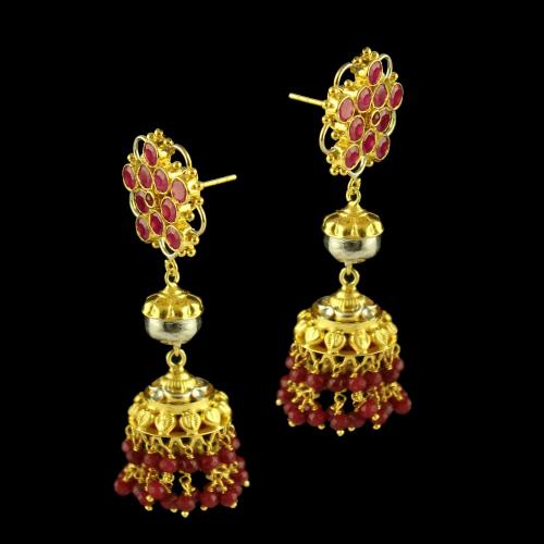 Silver Gold Plated Fancy Design Earring Jhumka Studded Red Onyx Red Beats