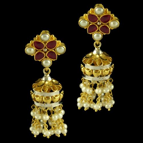 Silver Gold Plated Fancy Design Earring Jhumka Studded Red Onyx And Pearl Beats