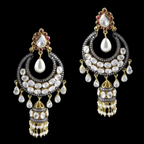 Silver Gold Plated Fancy Design Hanging Earring Jhumka Studded Polki Stones With Pearls