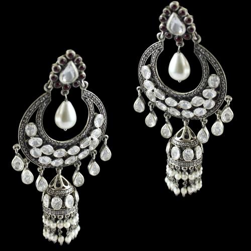 Silver Oxsided  Fancy Design Hanging Earring Jhumka Studded Polki Stones With Pearls