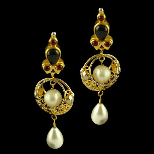 Silver Gold Plated Fancy Design Earring Studded Red Onyx,Black Oynx And Pearl