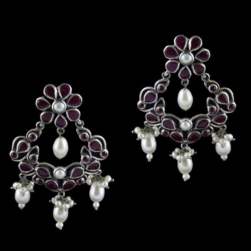 Silver Oxizided Floral Design Earrings Drops Red Onyx With Pearls