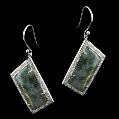 Silver Earrings Studded Moss Agate And Zircon Stones