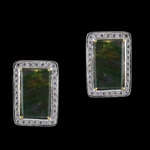 Silver Gold Plated Earrings Studded Moss Agate And Zircon Stones