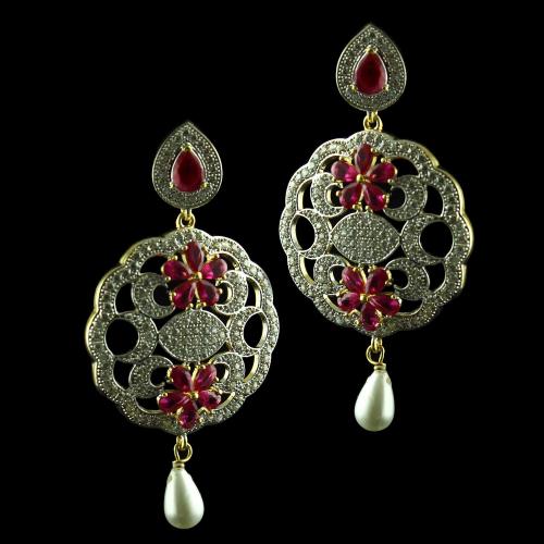 Gold Plated Drops Earring Pink And White Zircon Stone With Pearl