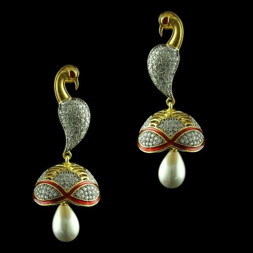 Gold Plated Peacock Design Jhumka Studded Zircon Stone And Pearl