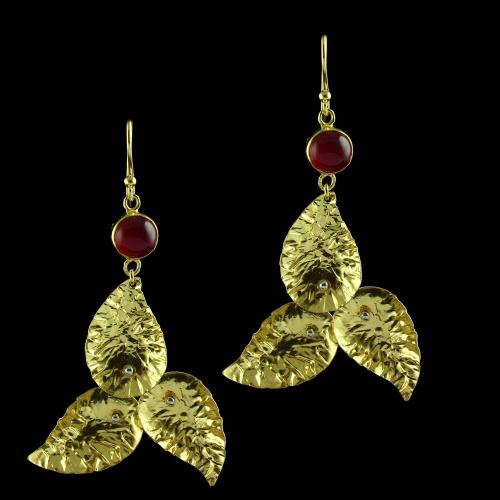 Silver Gold Plated Leaf Design Hanging Earring Red Onyx Stones