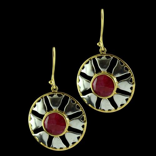 Silver Gold Plated Floral Design Hanging Earring Ruby