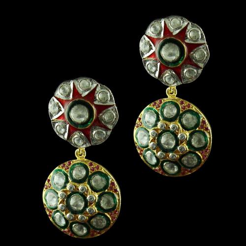 Silver Gold Plated Earring Drops With Polki Stones