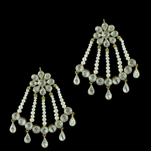 Gold Plated Drops Earring Studded Polki Stone With Pearls