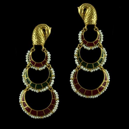 Silver Gold Plated Peacock Design Chandbali Earring Studded Red Green Onyx Stones And Pearls