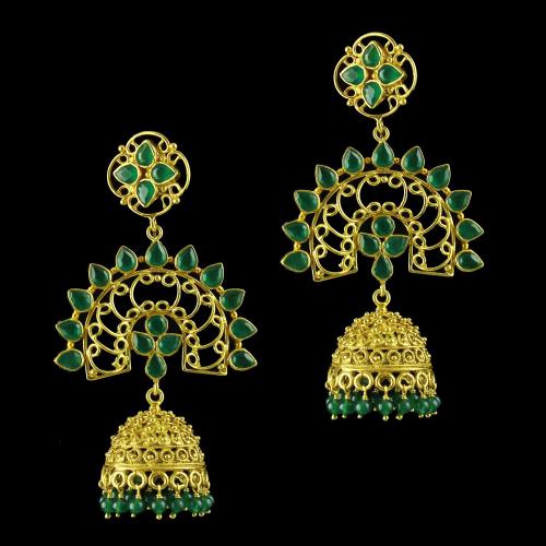Gold Plated jhumka Studded Green Onyx Stones