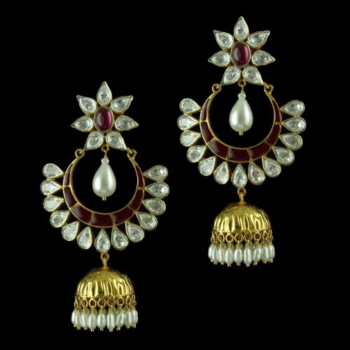 Gold Plated Polki Drops Earring With Red Stone And Pearl