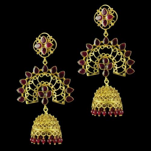 Gold Plated God Design Earring Jhumka Studded Red green Onyx And Pearls