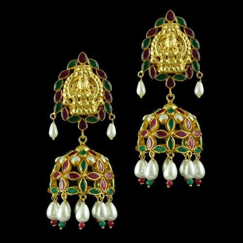Gold Plated Earring Jhumka Red Green Onyx Stones And Pearls