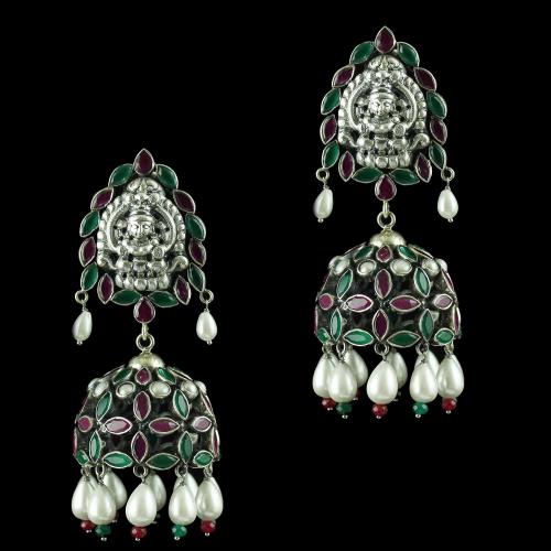 Oxidised Earring Jhumka Red Green Onyx Stones And Pearls