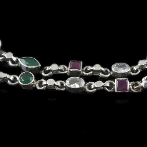 Silver Fancy Design Anklets Studded With Red And Green Onyx