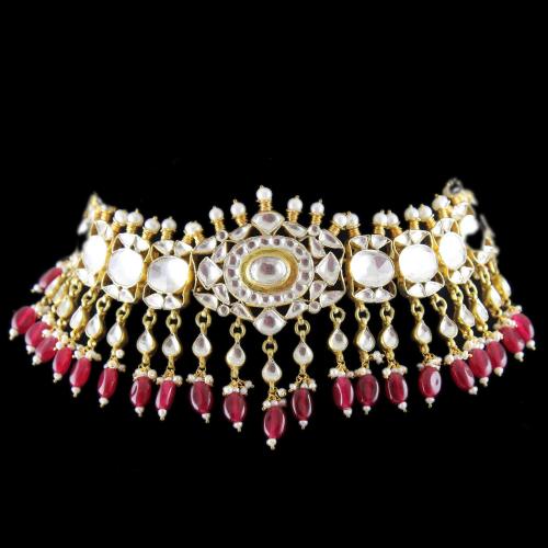 Silver Fancy Design Necklace Studded Kundan And Red Onyx Stone and Pearls