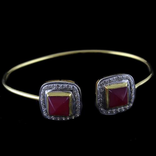 Gold Plated Cuff Bangle Red Onyx And Zircon Stones