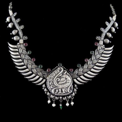 Silver Oxidized Peacock Design Necklace Red Green Onyx Stones