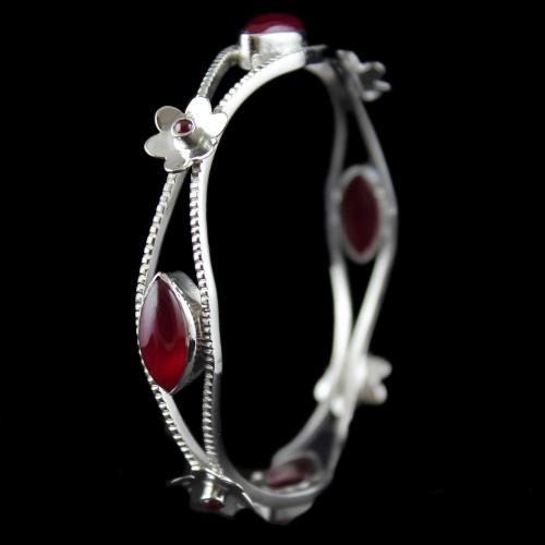 Silver Fancy Design Bangle Studded Red Onyx Stones