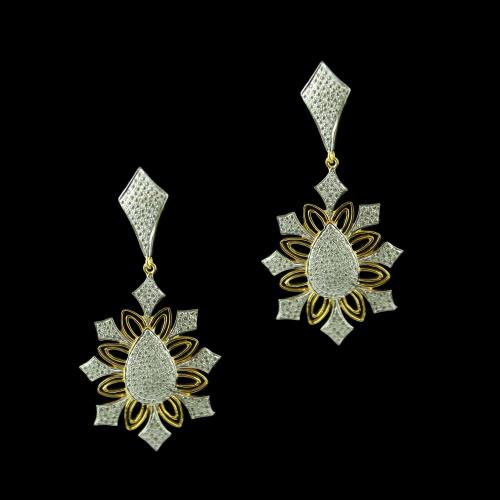 Gold Plated Floral Design Drops Earring Studded Zircon Stones