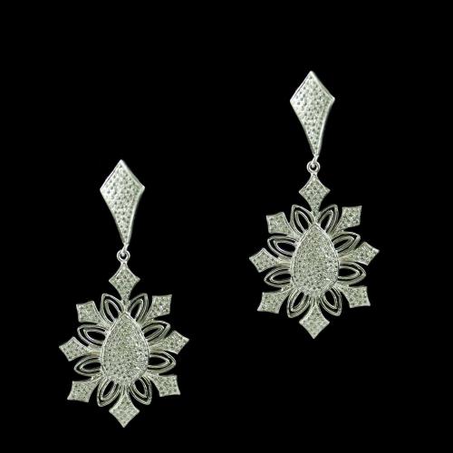Silver Floral Design Drops Earring Studded Zircon Stones