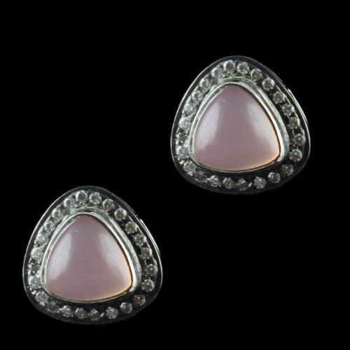 Silver Casual Earring Studded Pink Onyx And Zircon Stones