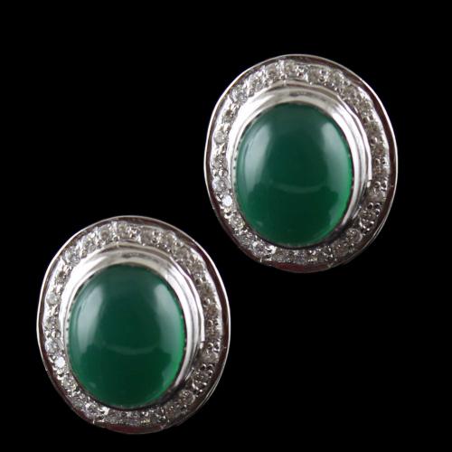 Silver Casual Earring Studded Green Onyx And Zircon Stone