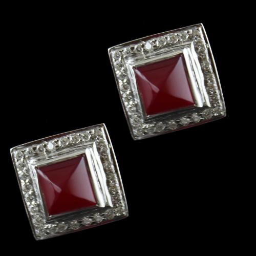 Silver Casual Earring Studded Red Onyx And Zircon Stone
