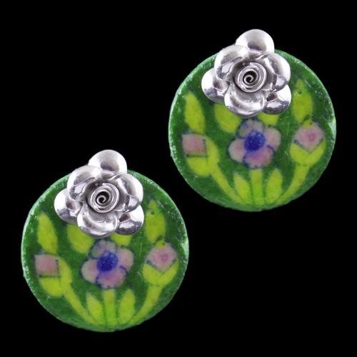 Silver Green Pottery Casual Earrings