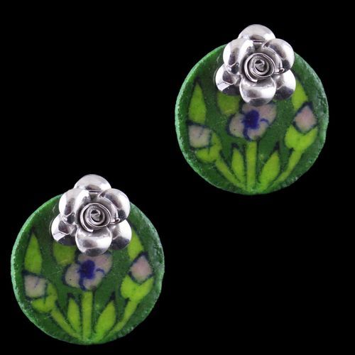 Silver Green Pottery Casual Earrings
